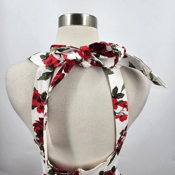 Eva Rose White And Red Rose Floral Fit And Flare Pinup Back-Tie Dress Size M - Picture 7 of 12